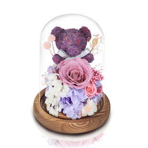 厄瓜多爾永恆桃紫色玫瑰手工制紫色小熊玻璃圓頂夜燈擺設 (桃紫玫瑰浪漫與真情) - Mr Floral Gift Shop - OKiBook Shop