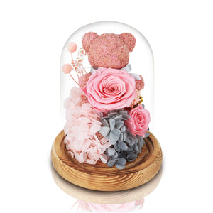 厄瓜多爾永恆桃粉色玫瑰手工制粉色小熊玻璃圓頂夜燈擺設 (粉玫瑰甜蜜的愛) - Mr Floral Gift Shop - OKiBook Shop