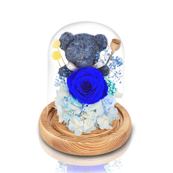厄瓜多爾永恆藍色玫瑰手工制藍色小熊玻璃圓頂夜燈擺設 (藍玫瑰清純的愛) - Mr Floral Gift Shop - OKiBook Shop